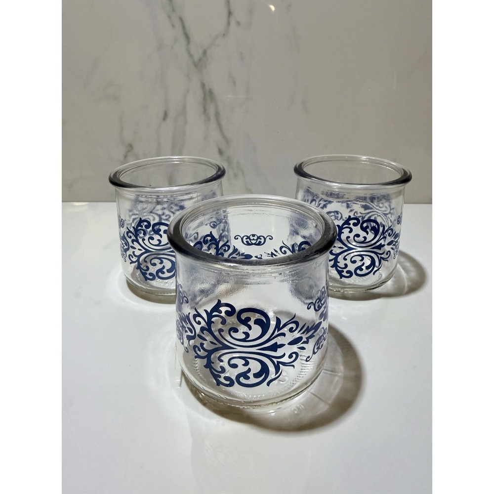 Vintage Retro Qui Yogurt Clear Glass Jars w/ Damask Blue Accent Print - EUC